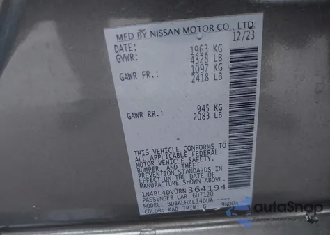 2024 Nissan Altima Sv Fwd from USA, damaged, VIN 1N4BL4DV0RN364194